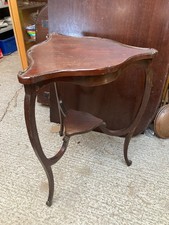 Vintage Antique Brown Wooden Fluted Edge Triangular Side Table Shaped Legs Shelf