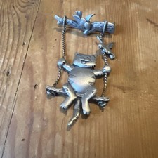 Vintage JJ JONETTE Pewter Swinging Cat  / Bird Brooch Signed