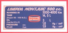 LAVERDA  MONTJUIC 500  FOIL DECAL PIRELLI   TYRE PRESSURES  /CAPACITIES
