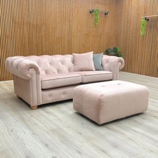 DFS 'Belair' 3 Seater Sofa + Footstool Small Button Top Blush Pink Velvet NEW