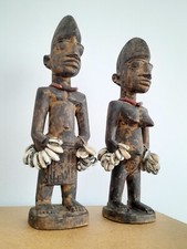 Antique Yoruba Nigeria Ibeji Twins Wood Figures With Shells (30cm