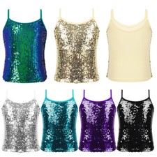 Girls Sparkly Sequin Sleeveless Camisole Tank Top Cheer Jazz Dance Vest Shirt