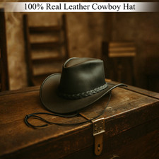 Australian Western Style Real Leather Cowboy Hat Mens Black Wide Brim Hat Unisex