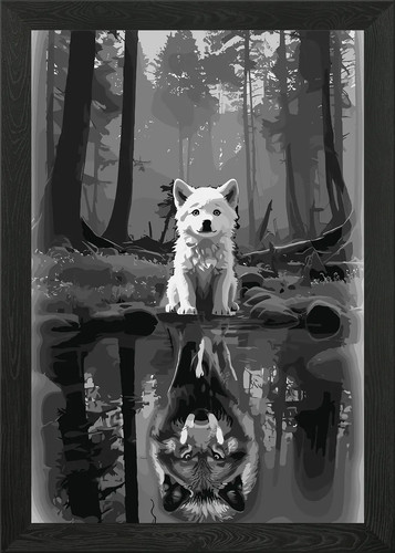 Wolf cub and reflection - , in