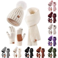 Hat Scarf and Gloves Set Ladies Winter Beanie Hat Women with Pom Pom Fleece