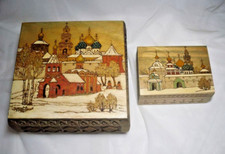 Pair of Vintage Russian Wooden Jewellery Trinket Boxes