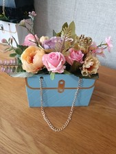 Artificial Silk Flower Arrangement In Handbag Shaped Box. Vintage Roses Bloom