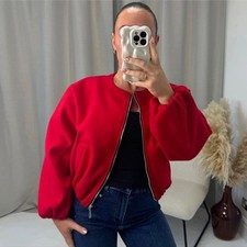 Womens Italian Balloon Sleeve Bomber Jacket Ruched Arm Zip Up with Pockets