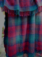 TARTAN PICNIC BLANKET HIGHLAND HOME SCOTLAND VINTAGE PURPLE  GREEN FRINGE WOOL