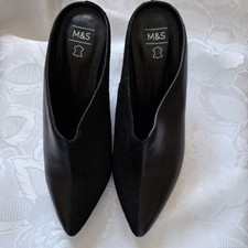 Shoes Marks & Spencer Mules- Black Leather- Slip On - Cone Heel Size 5 New