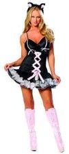C8083 Sexy Kitty Cat Costume UK 8–10 – Black & Pink Ribbon Mini Dress with Ears