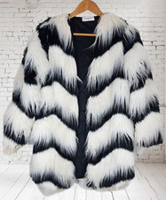 Glamorous Faux Fur Coat Black & White Chevron Size 8