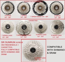 SR  BIKE GEAR FREEWHEELS & CASSETTE COGS, 6,  7 / 7MEGA / 8 / 9 /10 SPEED, 