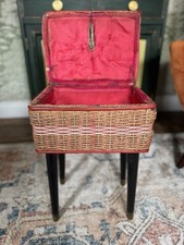 1940s-1950s Vintage Rattan Sewing Box Basket  On legs