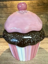 Cupcake Cookie Jar  Ceramic Happy Valentines Day Pink Treat Container