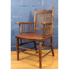 A Victorian Turned Ash Leather Studded Office Open Arm Chair