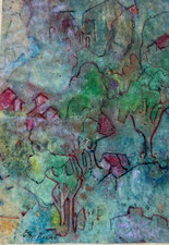 Modern Drawing Original signed Red Blue Green Abstract  Evelyn Markon Licht