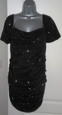 ✿NEW Ladies PRETTYLITTLETHING black stretchsequin bardot bodycon  dress size 16✿