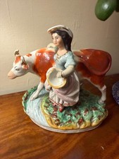 Antique Nineteenth Century Staffordshire Pottery Cow with Milkmaid Figurine 8 in