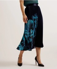 Ted Baker Pleated Midi Skirt Womens TB 2 UK 10 Izmir Black Navy Floral Satin NEW
