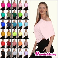 Womens Oversized T Shirt Top Short Sleeve Tie Knot Bardot Off Shoulder Crop Top