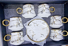 Turkish Arabic Tea Set Of 6 Cups & Saucer White Gold Gift