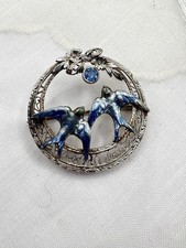 Antique 14k Edwardian Belle Epoque Enamel Filigree Blue Lovebird Brooch