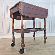 Vintage Oak Drop Leaf Tea Trolley Table On Castors - Wooden Serving Table Drinks