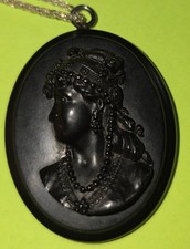 Antique Gutta Percha/Vulcanite Mourning Pendant With Silver Vermeil Chain