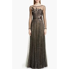 Marchesa Notte Women’s Shimmer Tulle Illusion Long Gown Black Metallic Size 4