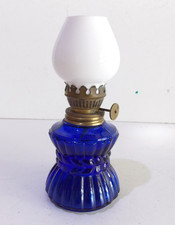 Vintage small Blue Glass Oil Lamp with glass shade paraffin lamp