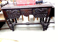COUNTRY HOUSE OAK TABLE-Heavily carved-Red faced Welsh Dragon-Draw-FREEdlvy