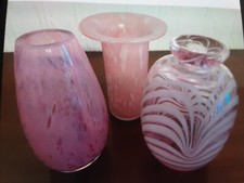 Pink & White Mottled Glass Vases Bottles X 3 Lovely Condition 