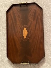 LARGE 19thC GALLERIED MAHOGANY OCTAGONAL TRAY INLAID CONCH SHELL BRASS HANDLES