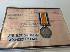 WW1 WAR MEDAL PTE ALFRED ELDRIDGE ROYAL FUSILIERS WOUNDED 3 TIMES.