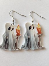 Ladies/Girls drop-down earrings Ghost holding and orange candle for Halloween? 