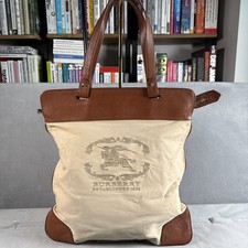 BURBERRY Tote bag Canvas Leather Beige Brown Embroidered logo Gold hardware Shou