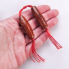 2 Authentic Tibetan Dzi Beads Brown Agate 9 Eye Amulets Vintage Buddhist Jewelry