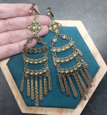 CLIP ON Huge Chandelier 5"Long BIG EARRINGS Faux Gem Green/Vintage Brass Large