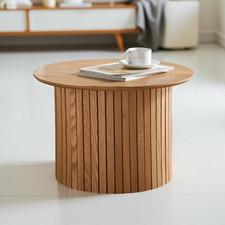 Oak Finish Round Coffee Table – Stylish Panelled Design for Living Room