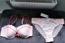 M&S Per Una Silk Mix Blush Spotted Set 34D Bra & Matching Size 14 High Legs 