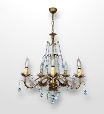 Vintage Gilt Toleware Chandelier Ceiling Light With Blue Murano Drops