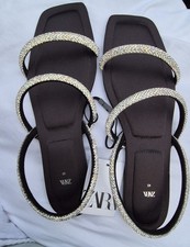 Zara premium Rhinestones flat Women's black going out Sandal, Size 7  NWT