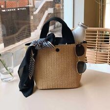 Women Ladies Wicker Handbag Bag Tote Beach Straw Woven Basket Bag (black handle)
