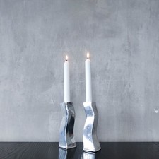 Vintage cast aluminium 1990s modernist wavy wiggle sculptural candle holder pair