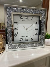 34cm Large Mirror Glass Diamante Crushed Jewel Wall Clock for Home Decor & Gift