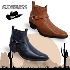 Mens Western Cowboy Boots Harley Motorcycle Gusset US Brass Ankle Riding Dancing