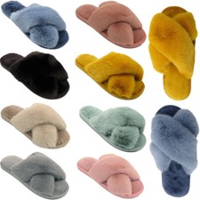 Ladies Furry Slippers Womens Fluffy Sliders Crossover Open Toe Faux Fur Mules 