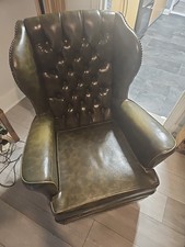 Vintage Green Leather Chesterfield Slipper Chair Armchair with Crack in Arm