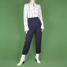 VINTAGE 90s Navy Blue High Waist Smart Pleat Crop Dark Capri Trousers Pants S 10